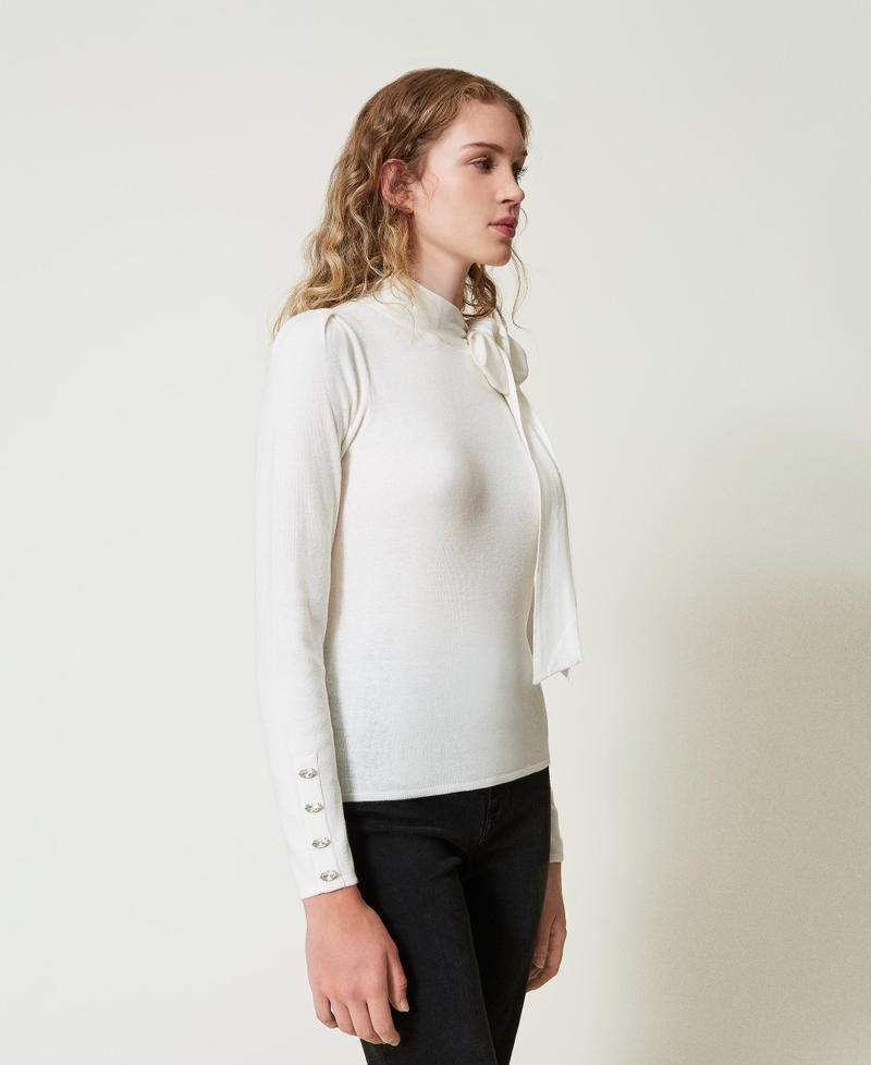 Turtleneck jumper with bow and embroidery White Cream Woman 242AP3160_00733_03