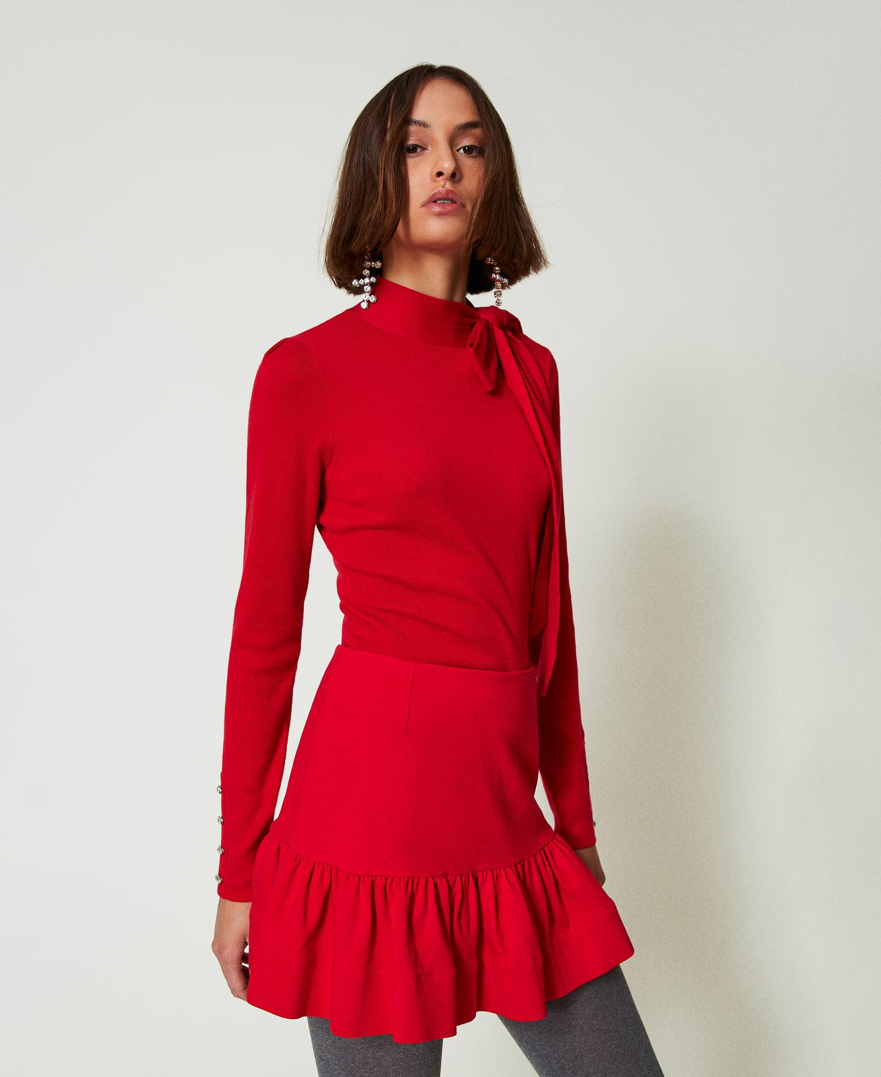 Turtleneck jumper with bow and embroidery Fiery Red Woman 242AP3160_11720_02