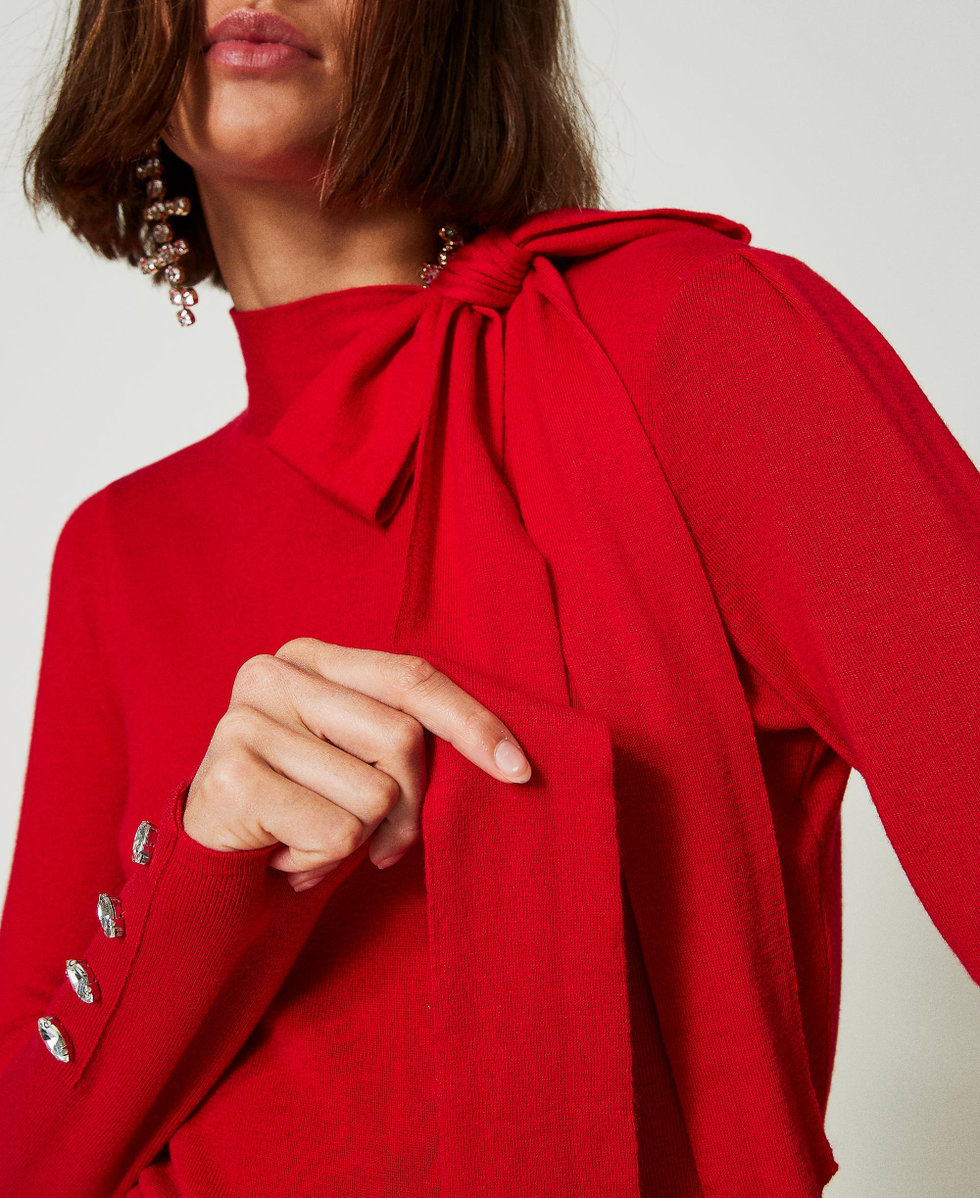 Turtleneck jumper with bow and embroidery Woman Red TWINSET Milano