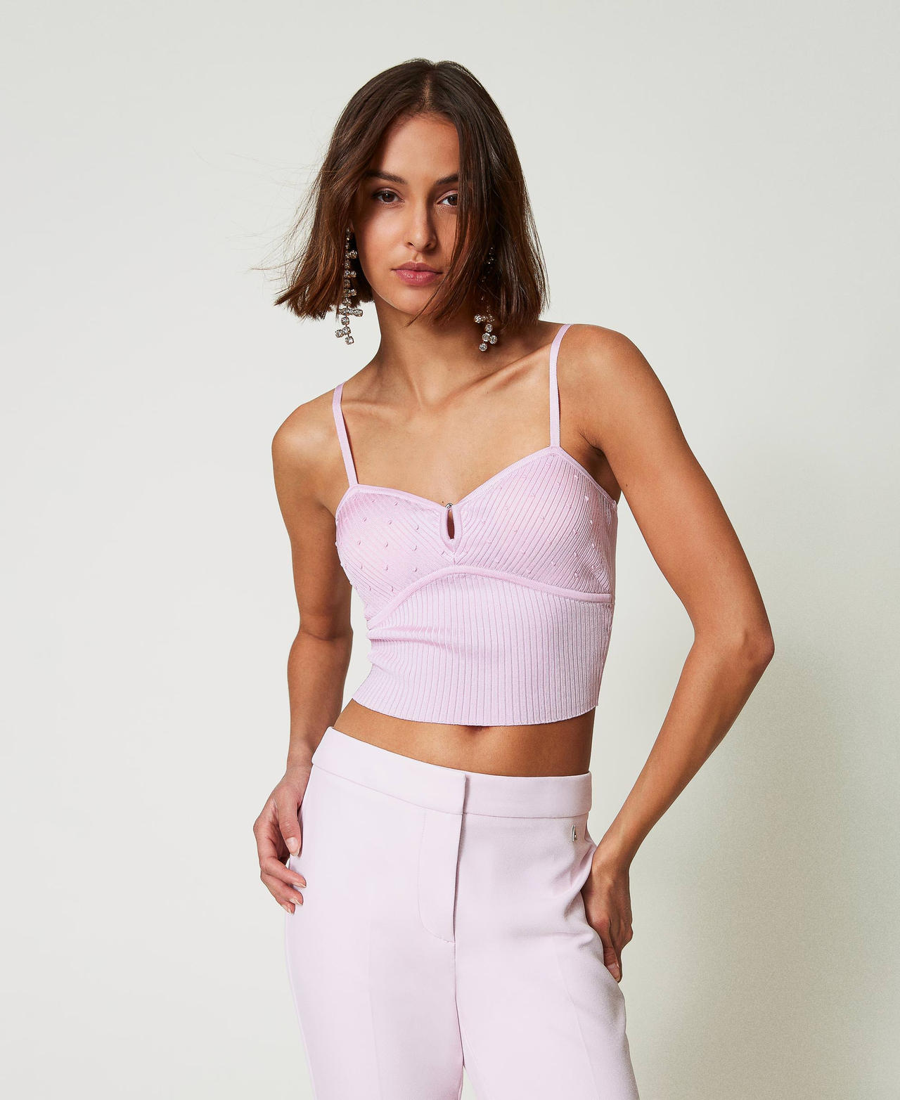 Recycled yarn top with beads Pink Tulle Woman 242AP3211_11724_02