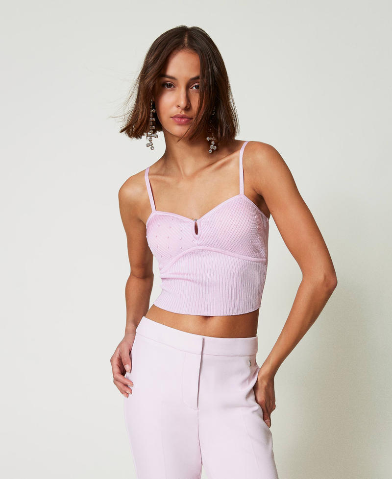 Recycled yarn top with beads Pink Tulle Woman 242AP3211_11724_02