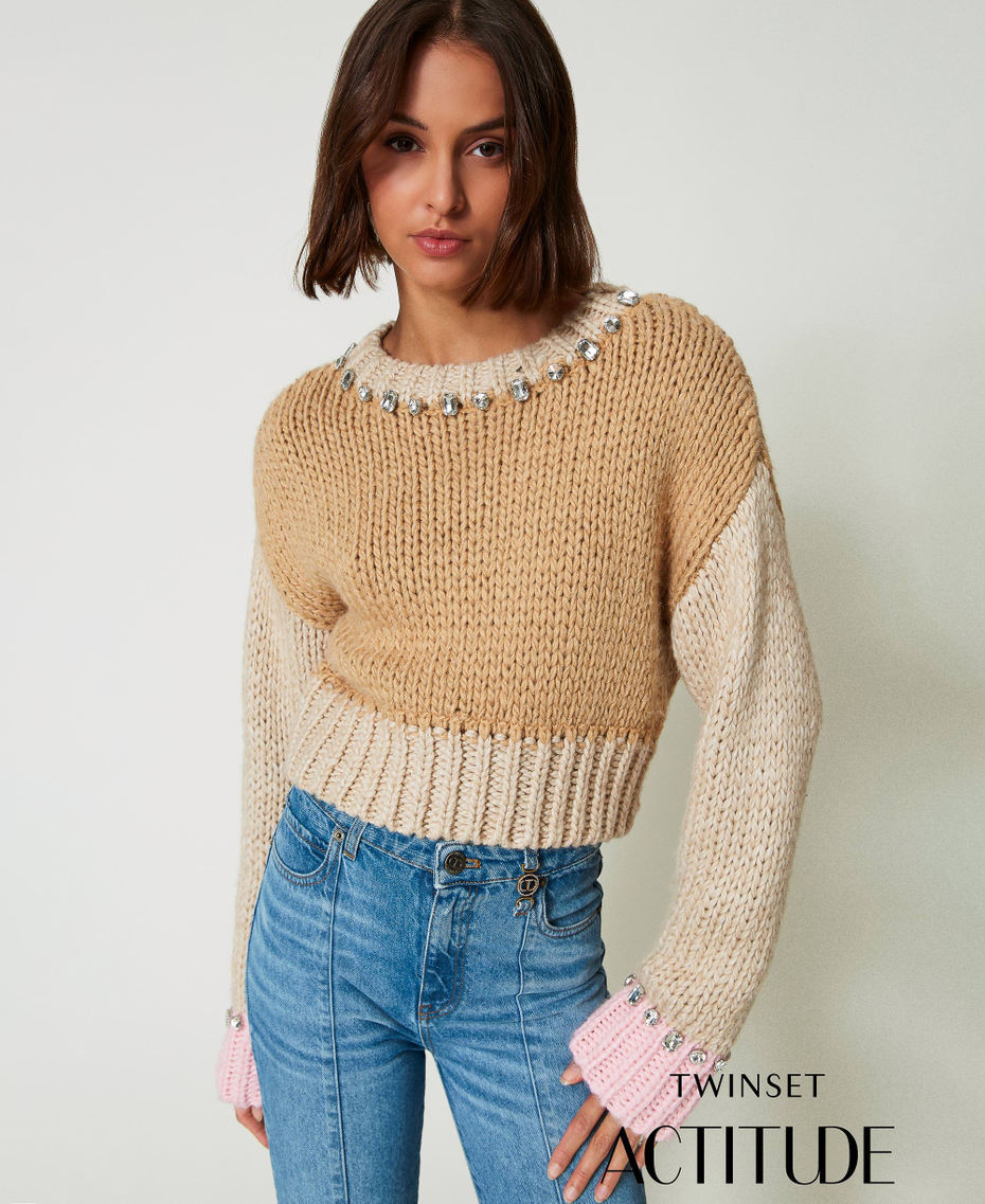 Colour block jumper with handmade embroidery Multicolour Cinnamon Brown / White / Pink Tulle Woman 242AP3320_11873_01