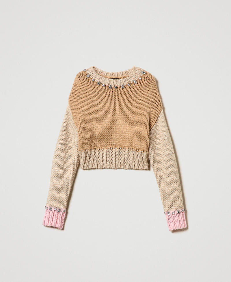 Colour block jumper with handmade embroidery Multicolour Cinnamon Brown / White / Pink Tulle Woman 242AP3320_11873_0S