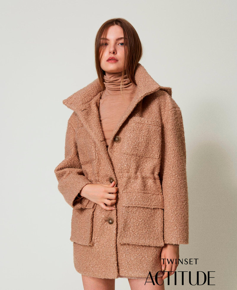 Curly wool cloth parka coat Beaver Brown Woman 242AT2071_11960_01