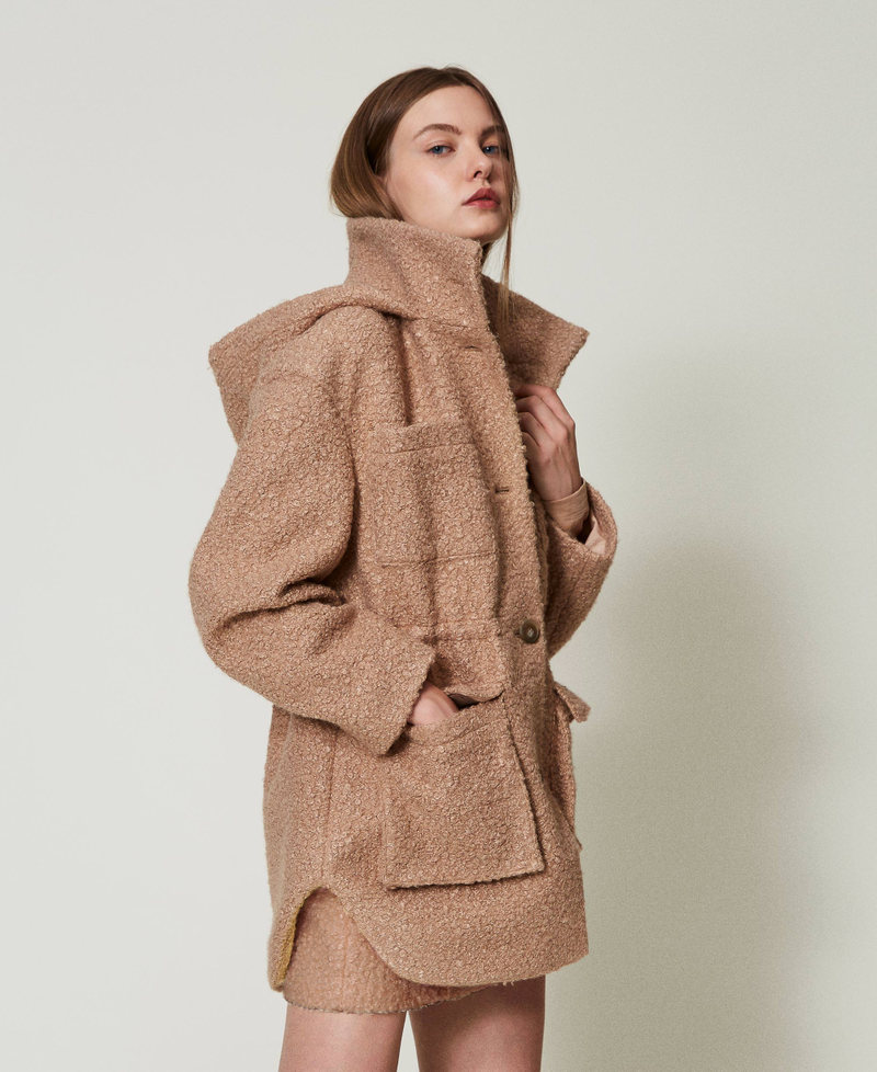 Curly wool cloth parka coat Beaver Brown Woman 242AT2071_11960_02