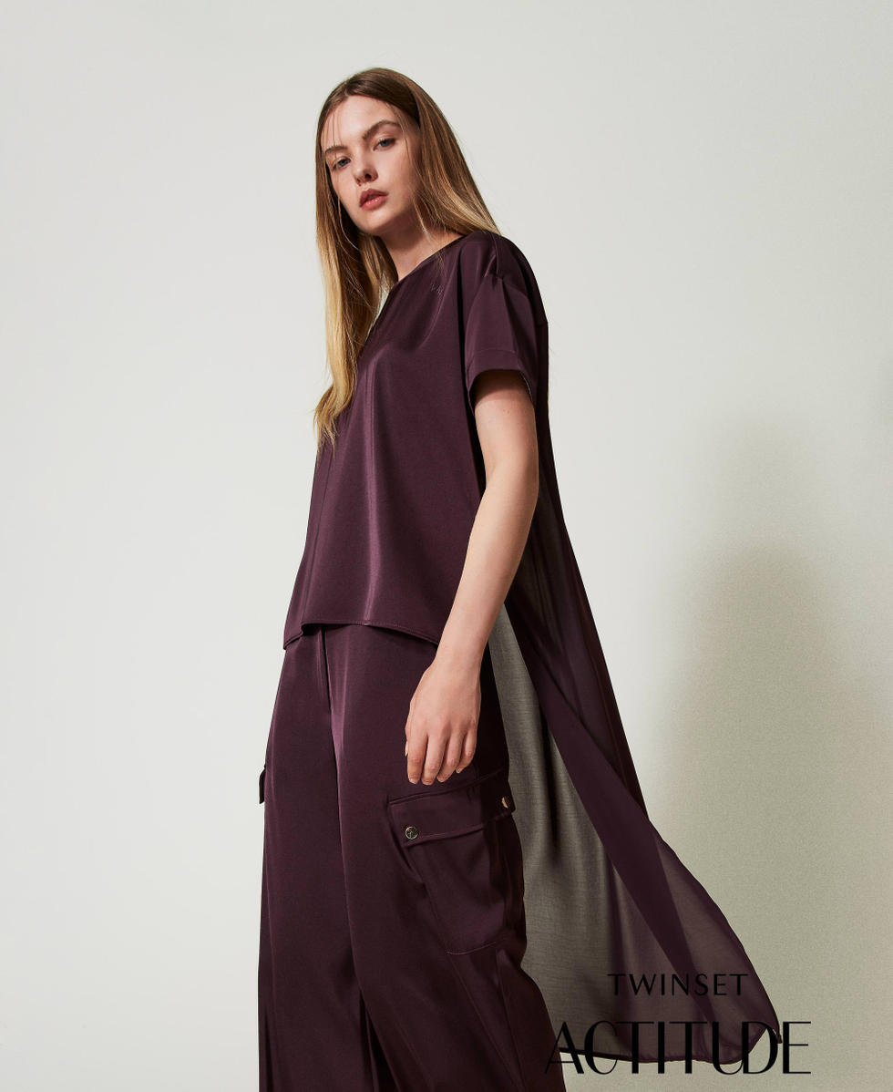 Blouse asymetrique en satin et crepe georgette Femme Violet TWINSET Milano