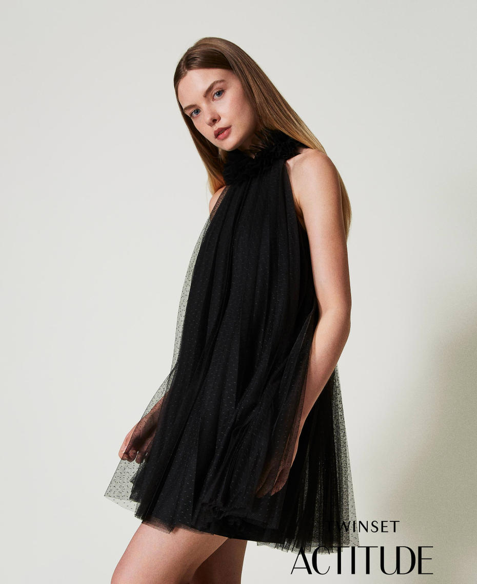 Vestido corto de tul plisado Negro Mujer 242AT2150_00006_01