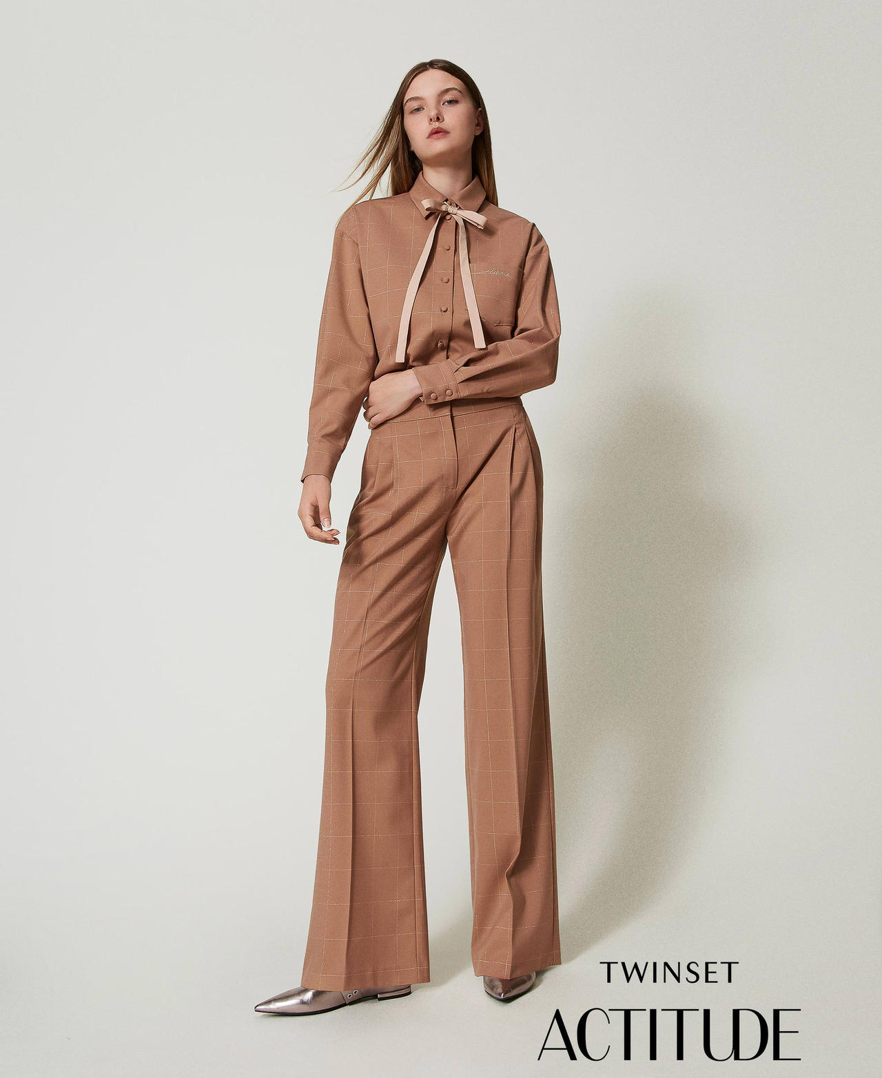 Pantaloni a palazzo check con lurex Marrone "Beaver" Donna 242AT2165_11960_01