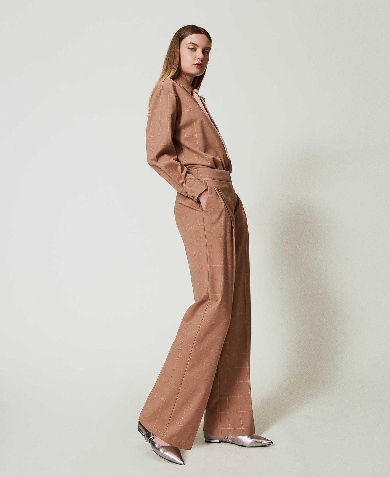 Palazzo trousers with lurex check pattern Beaver Brown Woman 242AT2165_11960_02