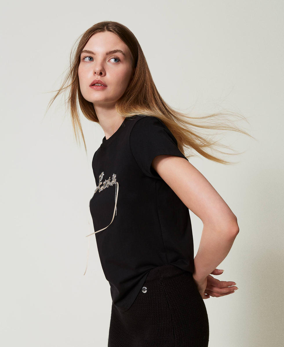 T-shirt avec logo et strass Noir Femme 242AT2221_00006_02