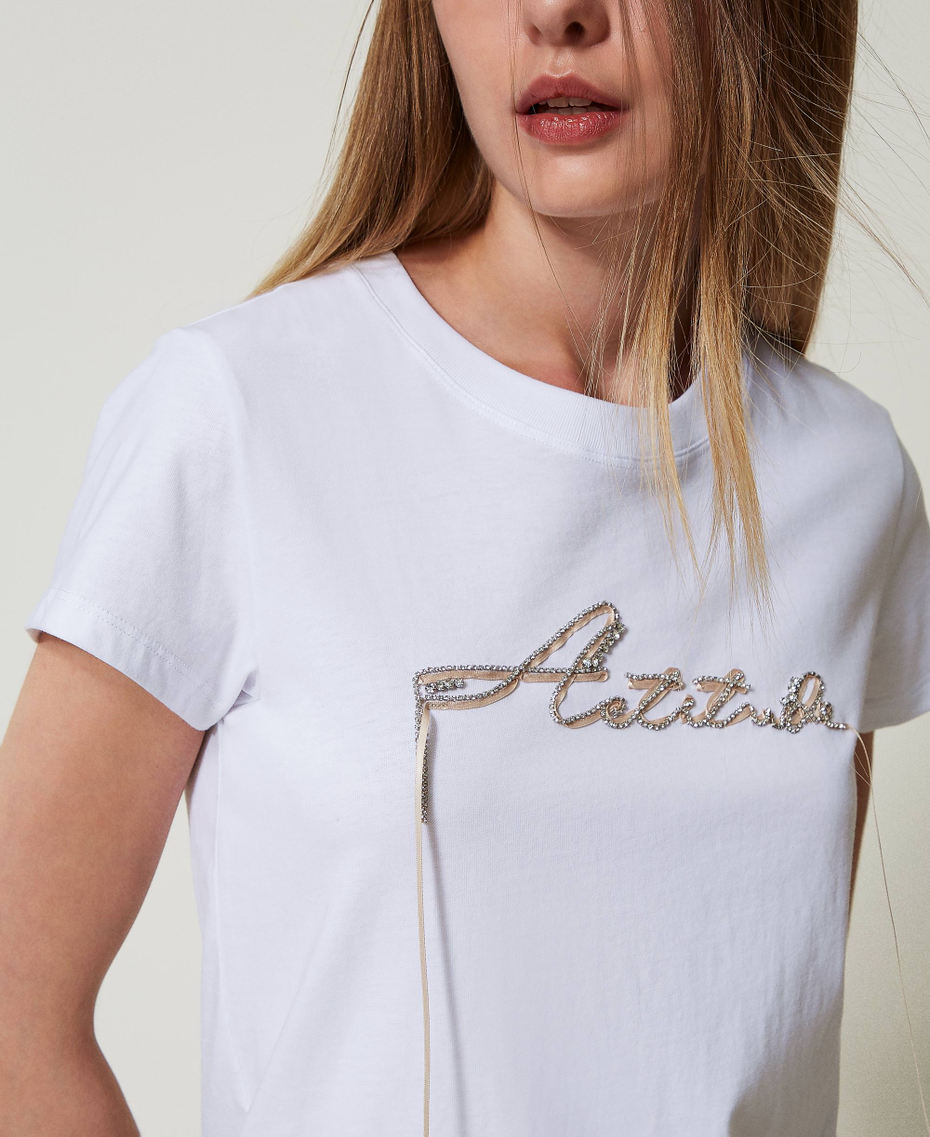 Rhinestones and logo T-shirt "Papers" White Woman 242AT2221_00840_01