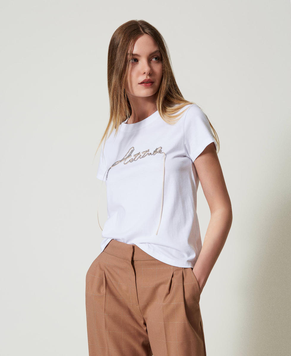 Rhinestones and logo T-shirt Woman, White | TWINSET Milano