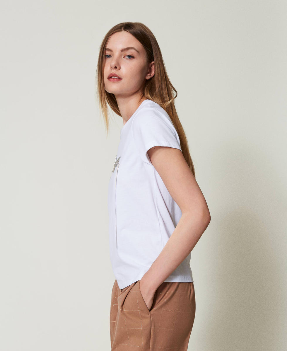 Rhinestones and logo T-shirt Woman, White | TWINSET Milano