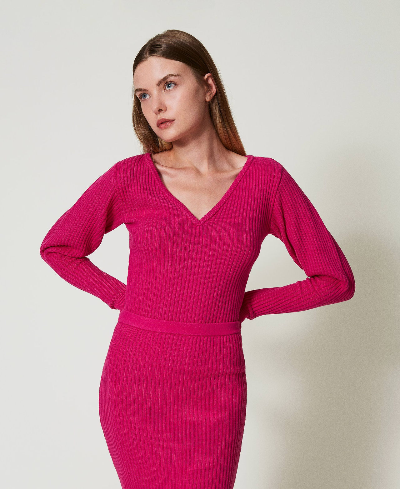 Fitted rib knit jumper Super Pink Woman 242AT3170_11962_02