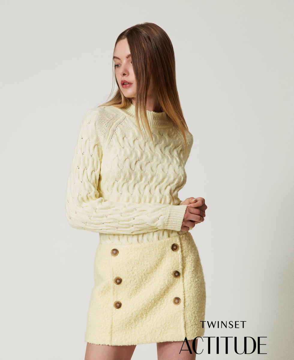 Pull col montant en laine m&eacute;lang&eacute;e avec torsades French Vanilla Femme 242AT3221_11959_01