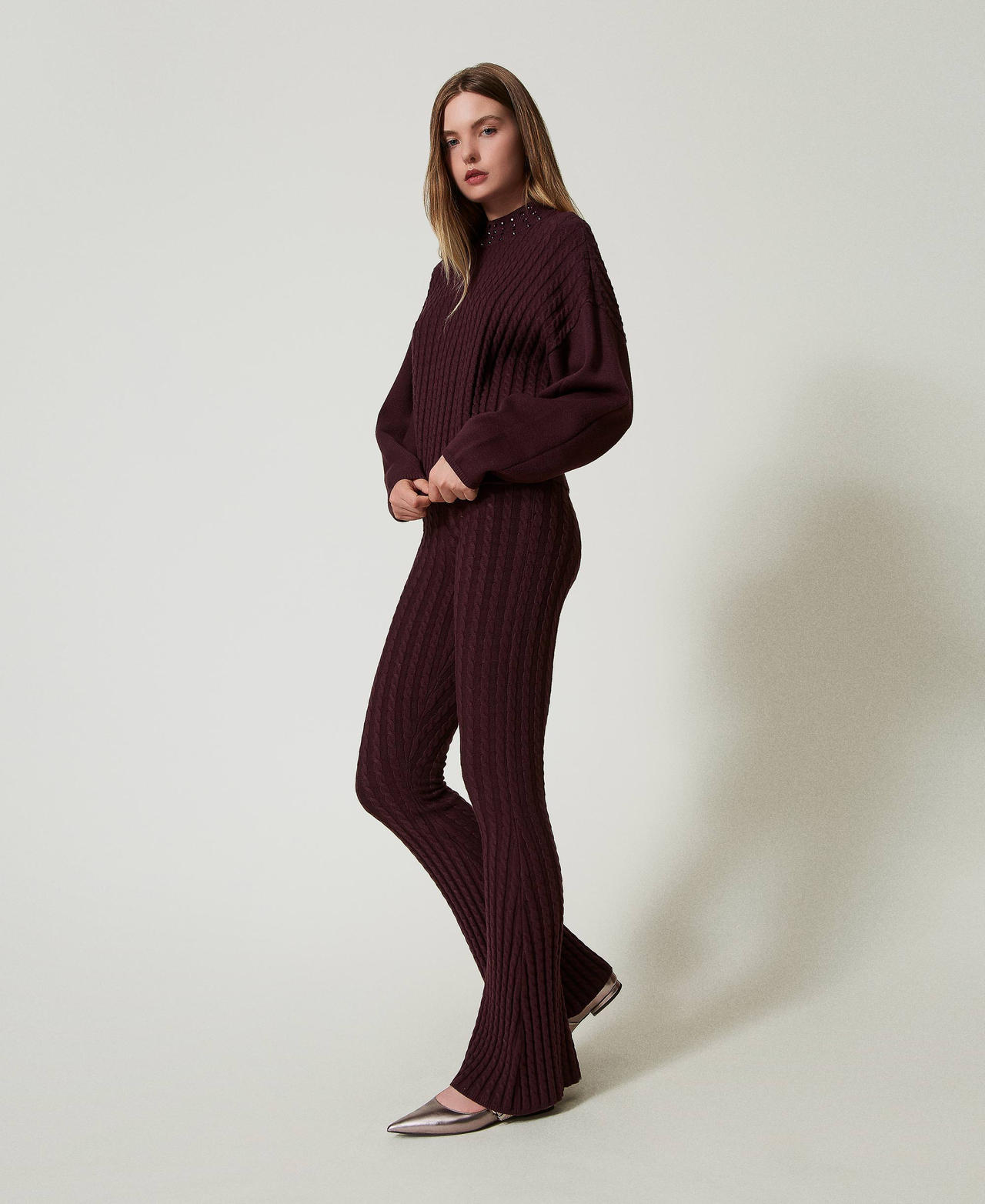 Cable knit flared trousers Potent Purple Woman 242AT3231_11963_02