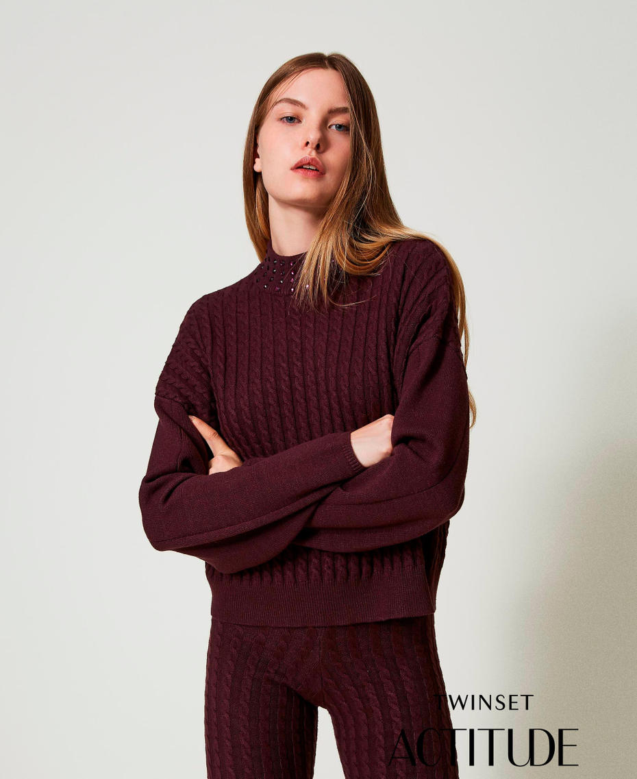 Cable knit turtleneck jumper with rhinestones Potent Purple Woman 242AT3235_11963_01