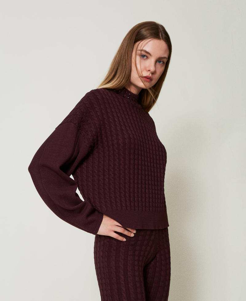 Cable knit turtleneck jumper with rhinestones Potent Purple Woman 242AT3235_11963_02