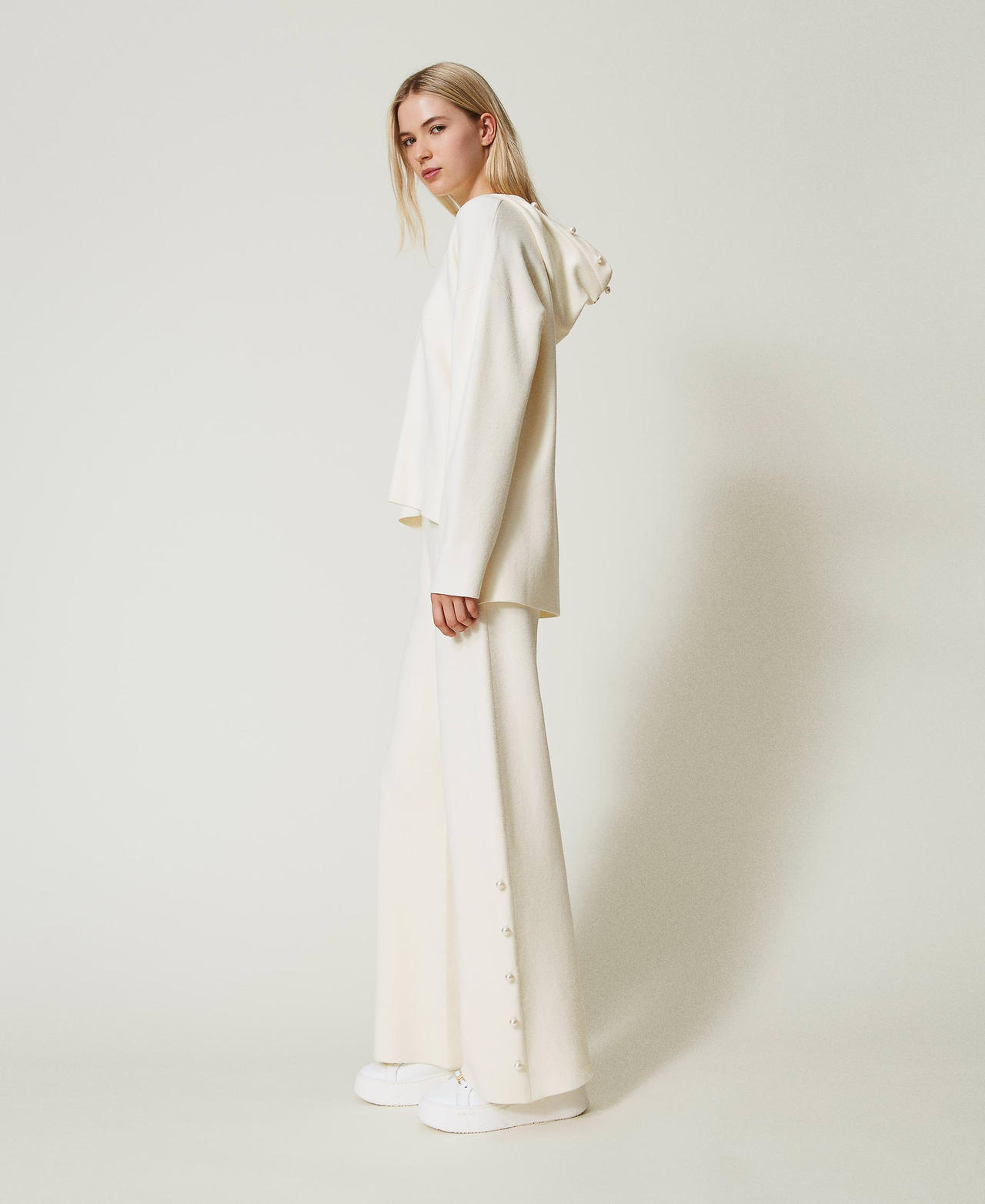 Wide leg knit trousers with pearls Antique White Woman 242AT3250_00245_03