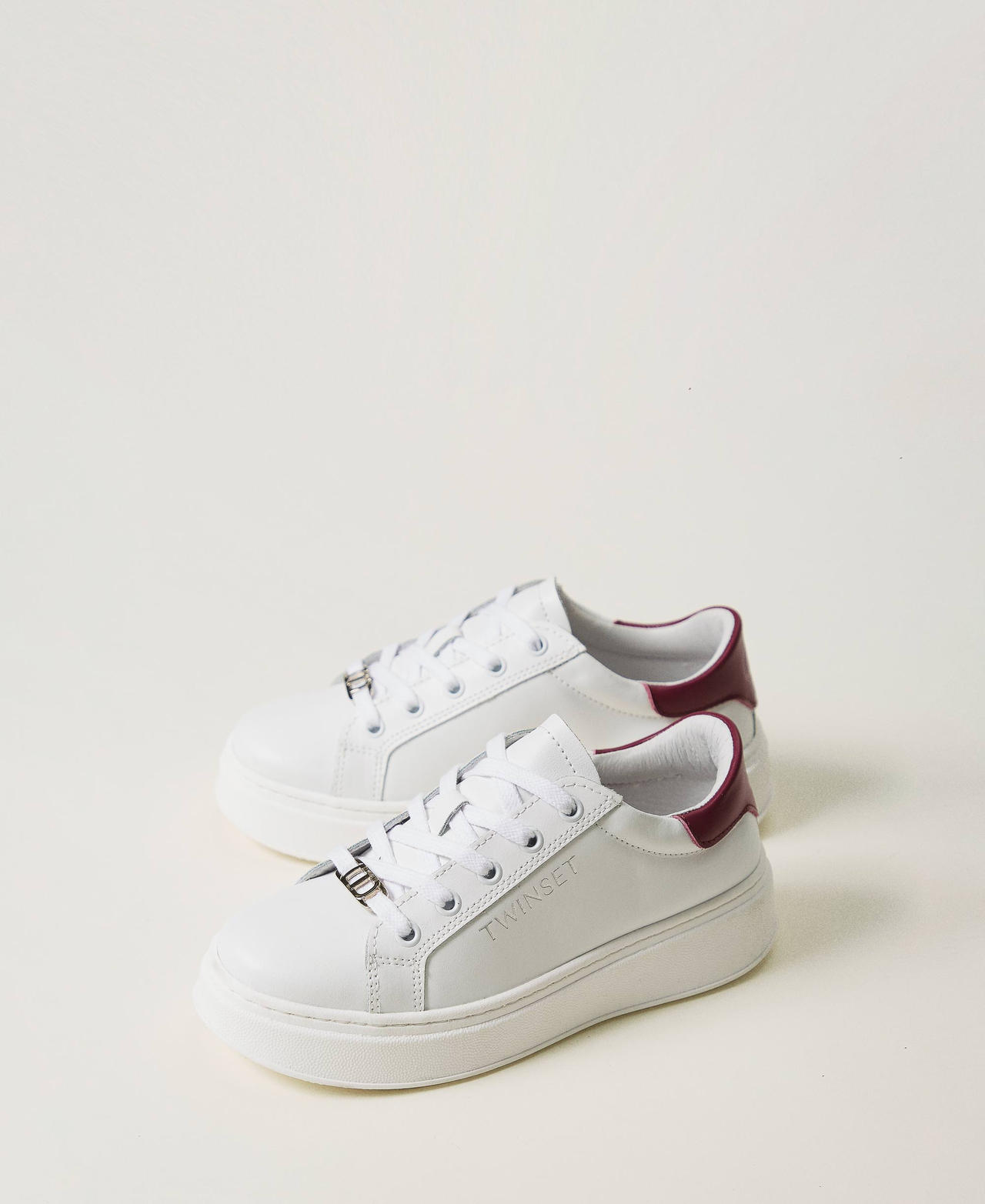 Leather trainers with logo Two-tone Optical White / Red Plum Girl 242GCJ012_11814_02