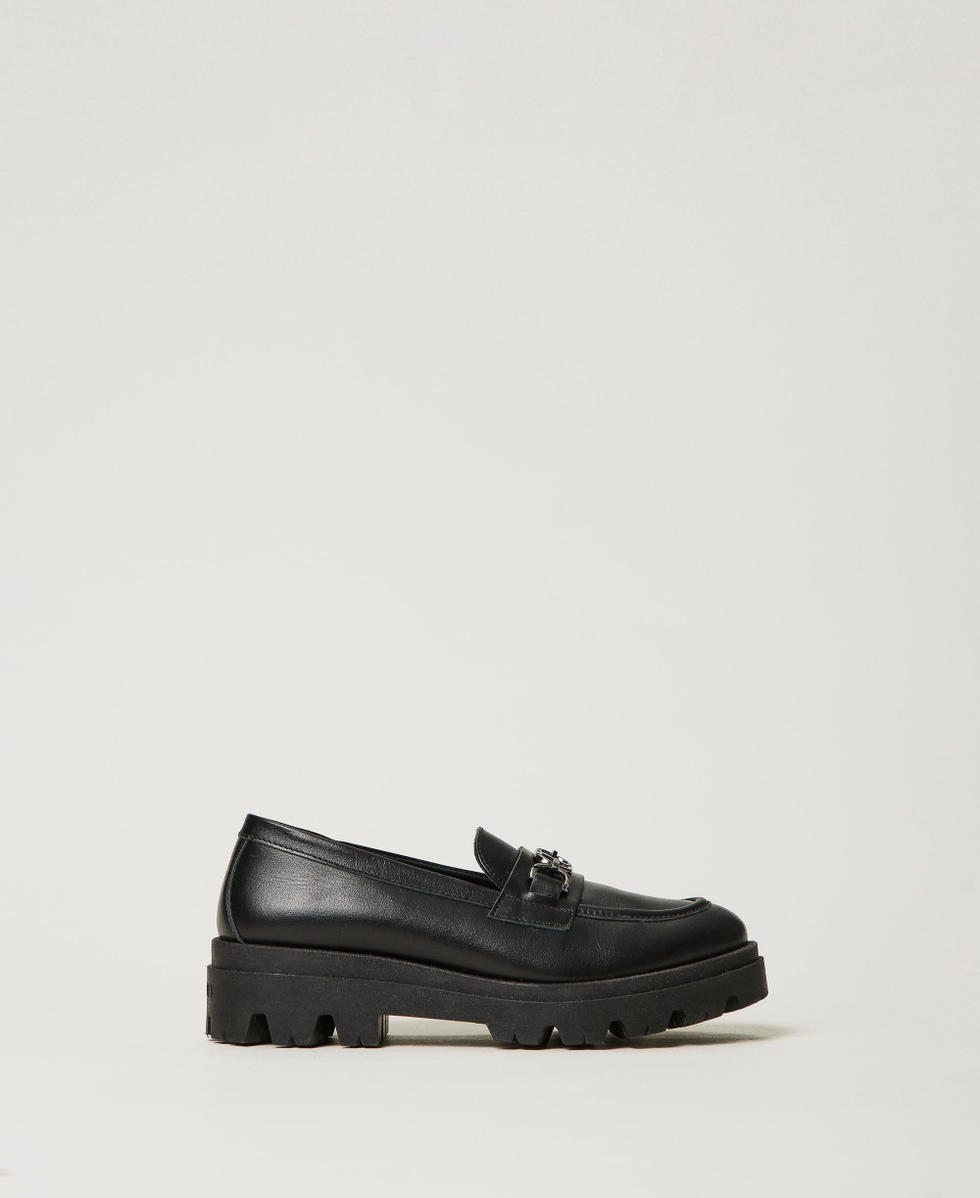 Leather loafers with Oval T Girl, Black | TWINSET Milano