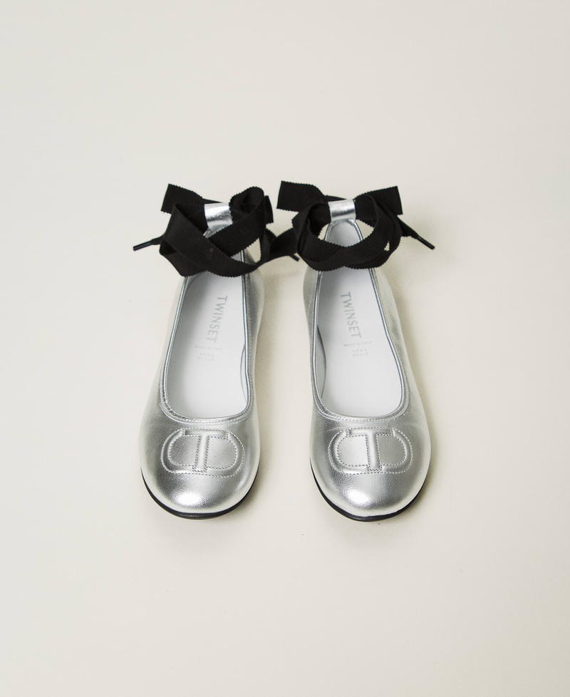 Leather ballerina shoes with ribbons Silver Girl 242GCJ028_00995_04