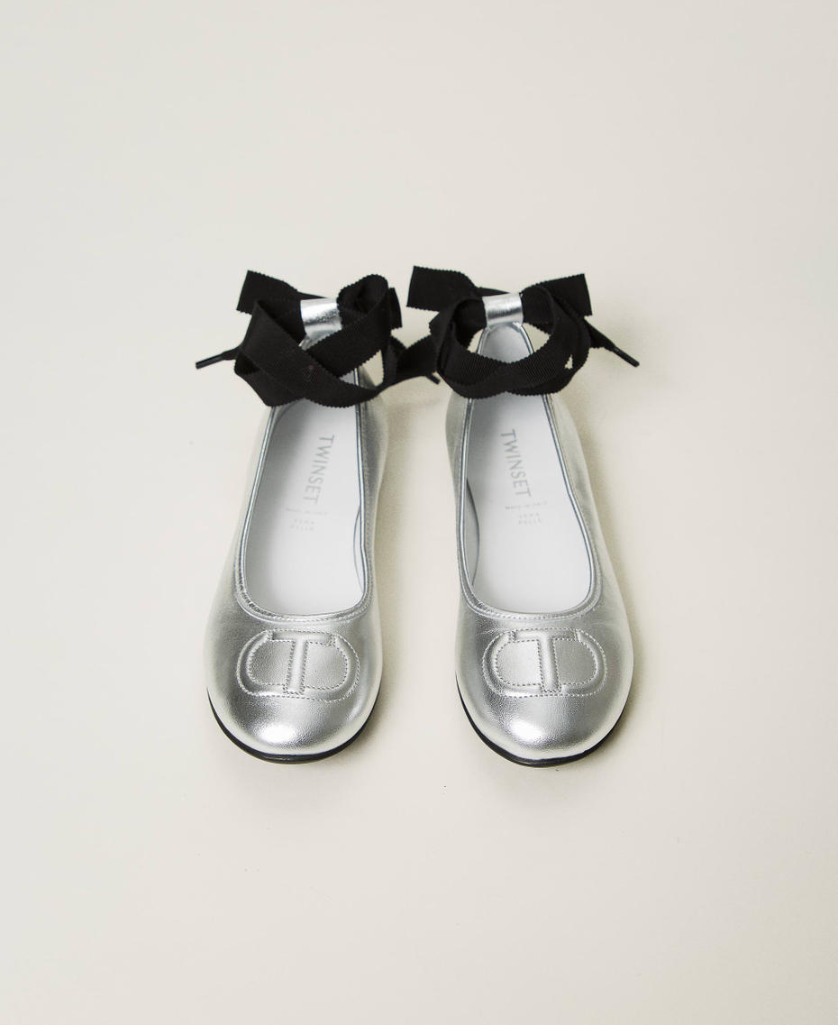 Leather ballerina shoes with ribbons Silver Girl 242GCJ028_00995_04