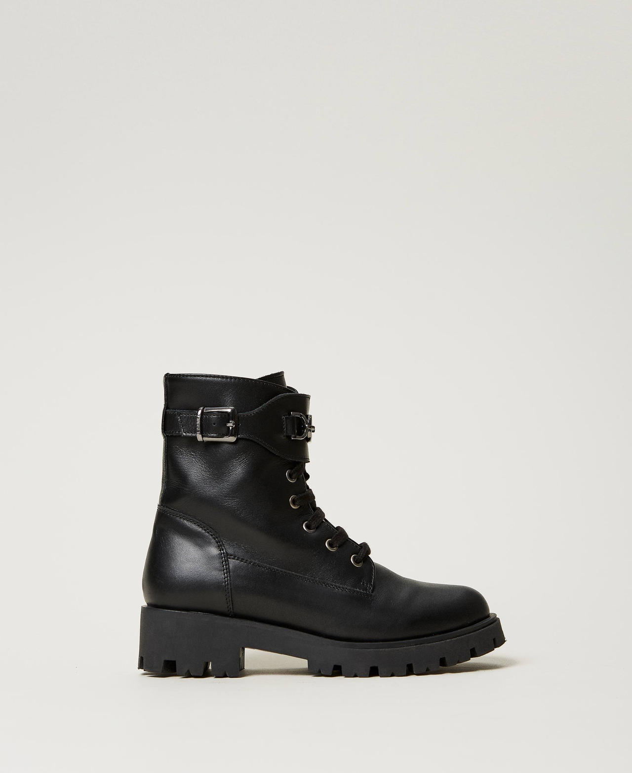 Twinset Chaussures - Bottines motardes en cuir avec bride, Noir, Taille: 40