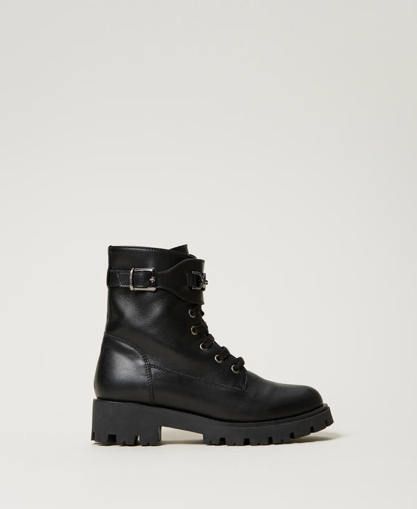 Leather combat boots with strap