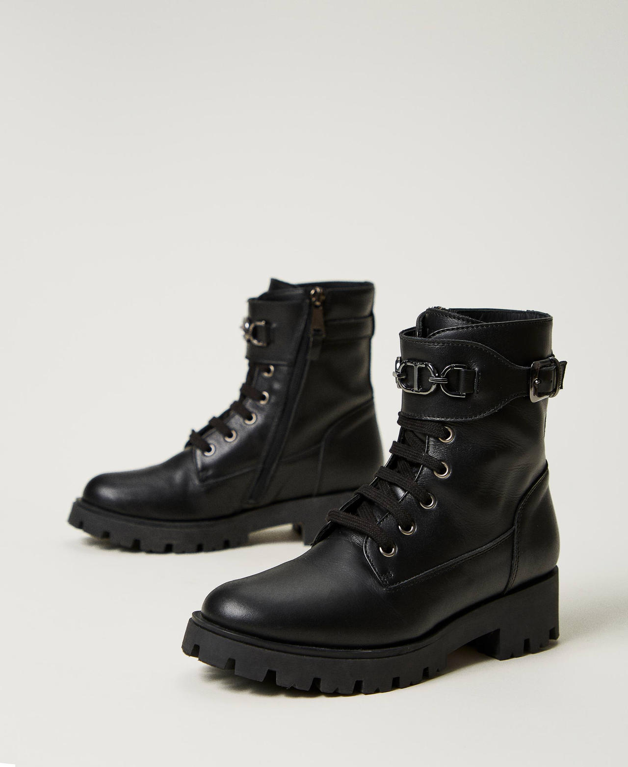 Leather combat boots with strap Girl Black TWINSET Milano