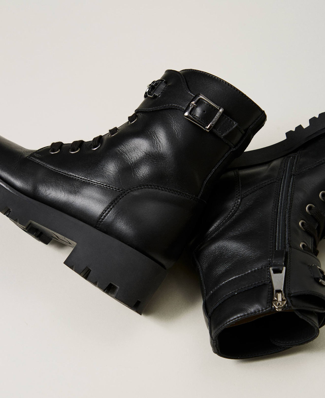 Leather combat boots with strap Black Girl 242GCJ030_00006_03