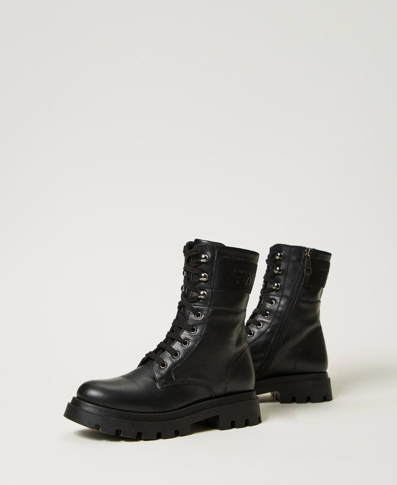 Leather combat boots with logo Girl, Black | TWINSET Milano