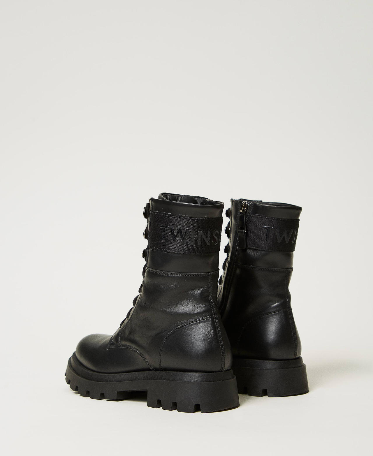 Leather combat boots with logo Girl, Black | TWINSET Milano