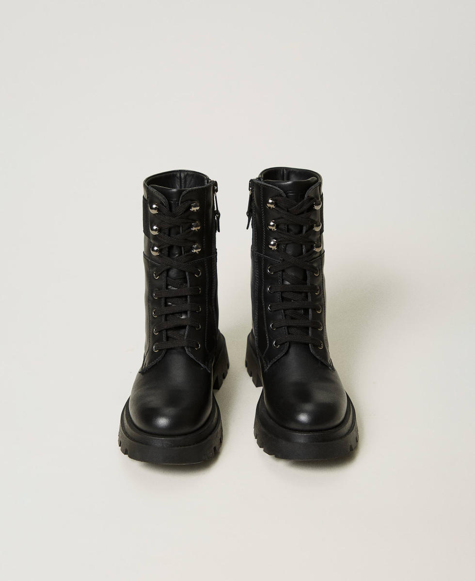 Leather combat boots with logo Girl, Black | TWINSET Milano