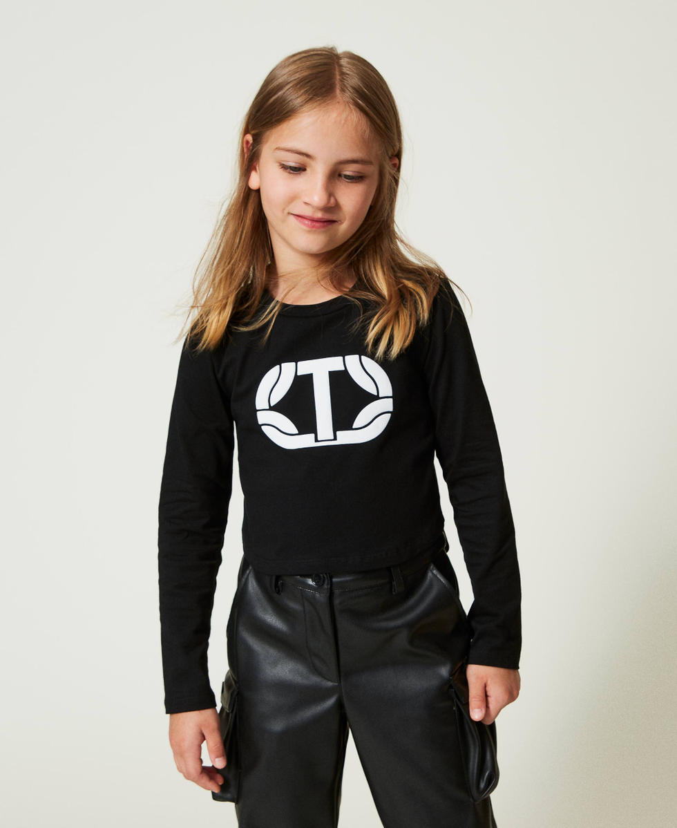 T-shirt cropped con logo gommato Nero Bambina 242GJ2032_00006_01