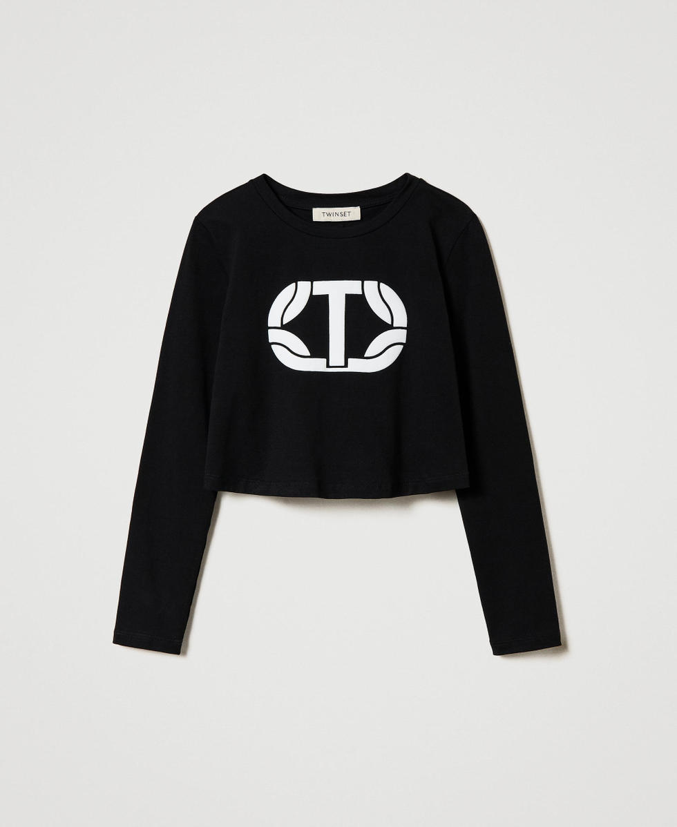 T-shirt cropped con logo gommato Nero Bambina 242GJ2032_00006_S0