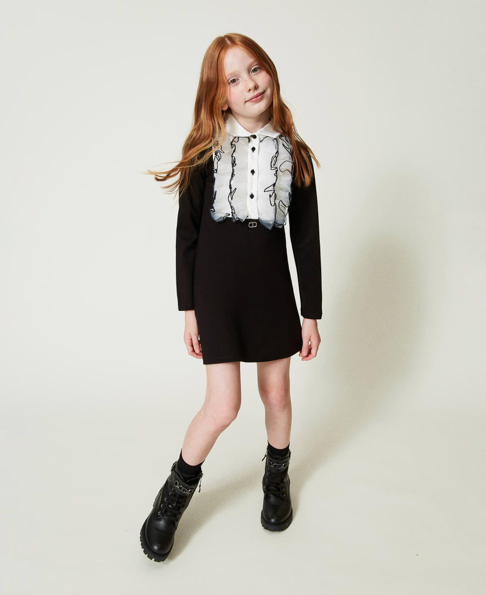 Kurzes Kleid mit Organzavolant Zweifarbig Schwarz / Off White M&auml;dchen 242GJ2040_02714_01
