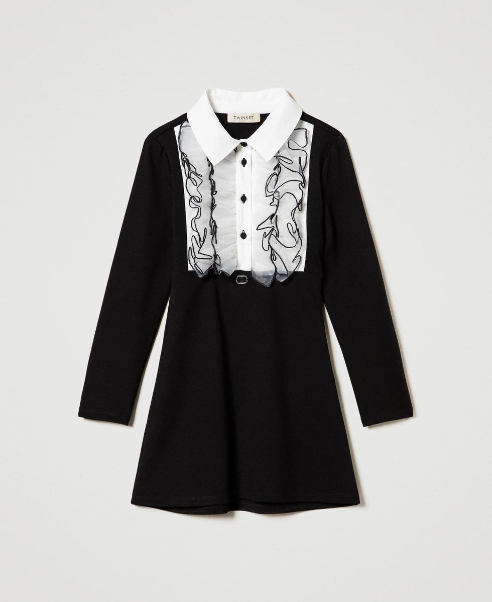 Kurzes Kleid mit Organzavolant Zweifarbig Schwarz / Off White M&auml;dchen 242GJ2040_02714_S0