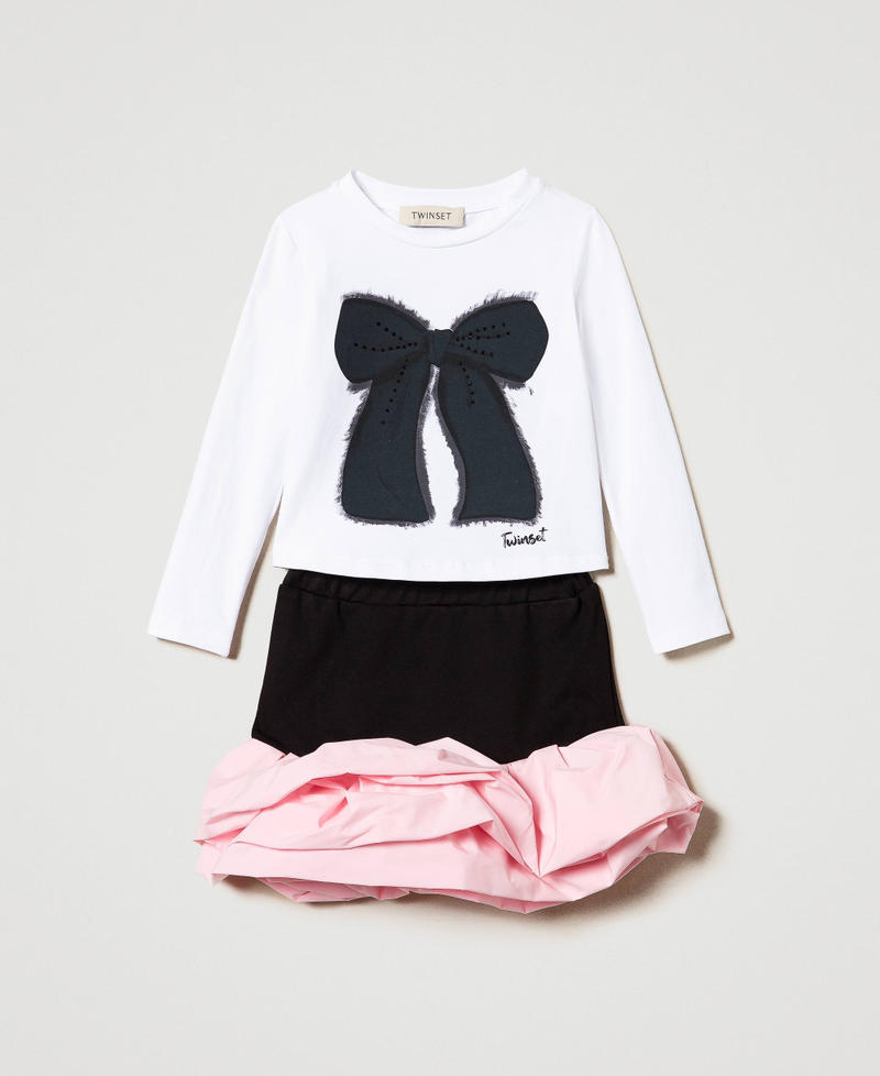 Printed T-shirt and skirt with flounces Two-tone Black / Pink Orchid Girl 242GJ2050_11823_01