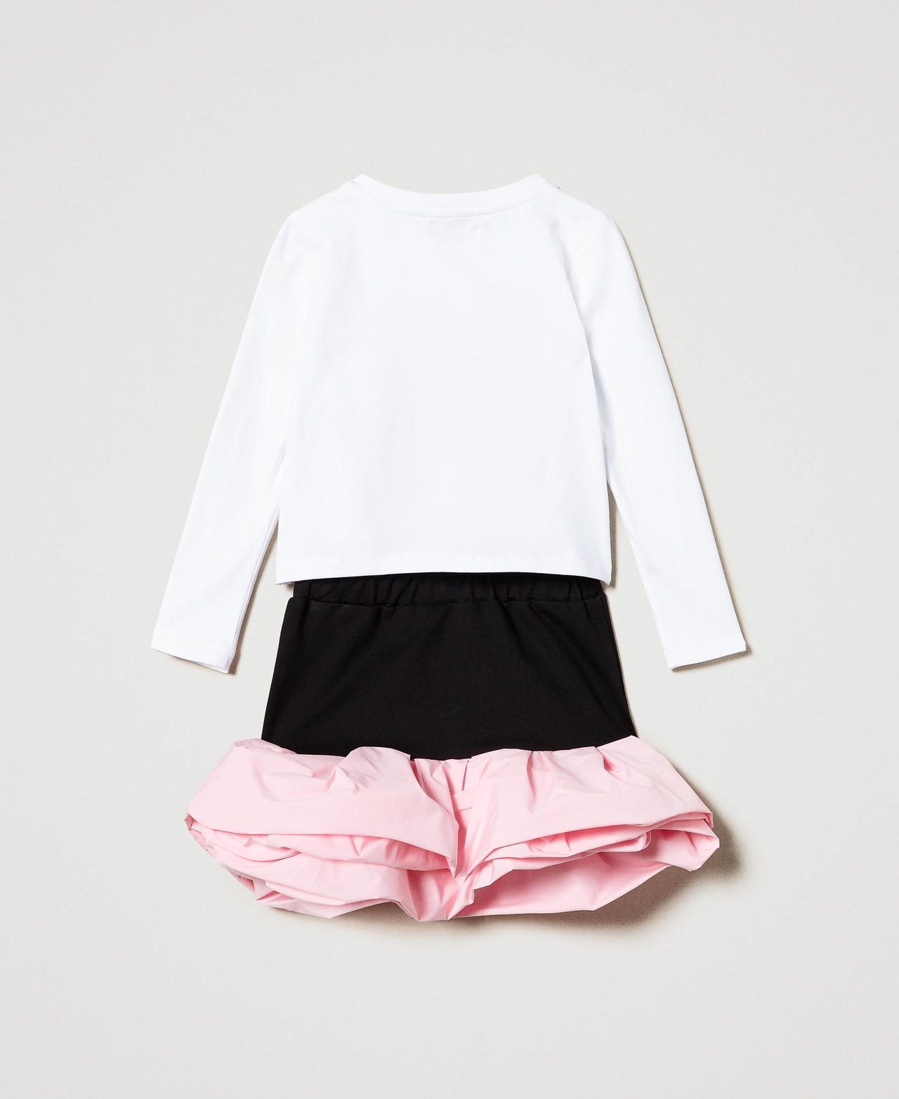 Printed T-shirt and skirt with flounces Two-tone Black / Pink Orchid Girl 242GJ2050_11823_S0