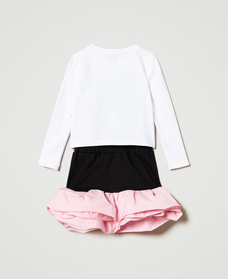 Printed T-shirt and skirt with flounces Two-tone Black / Pink Orchid Girl 242GJ2050_11823_S0