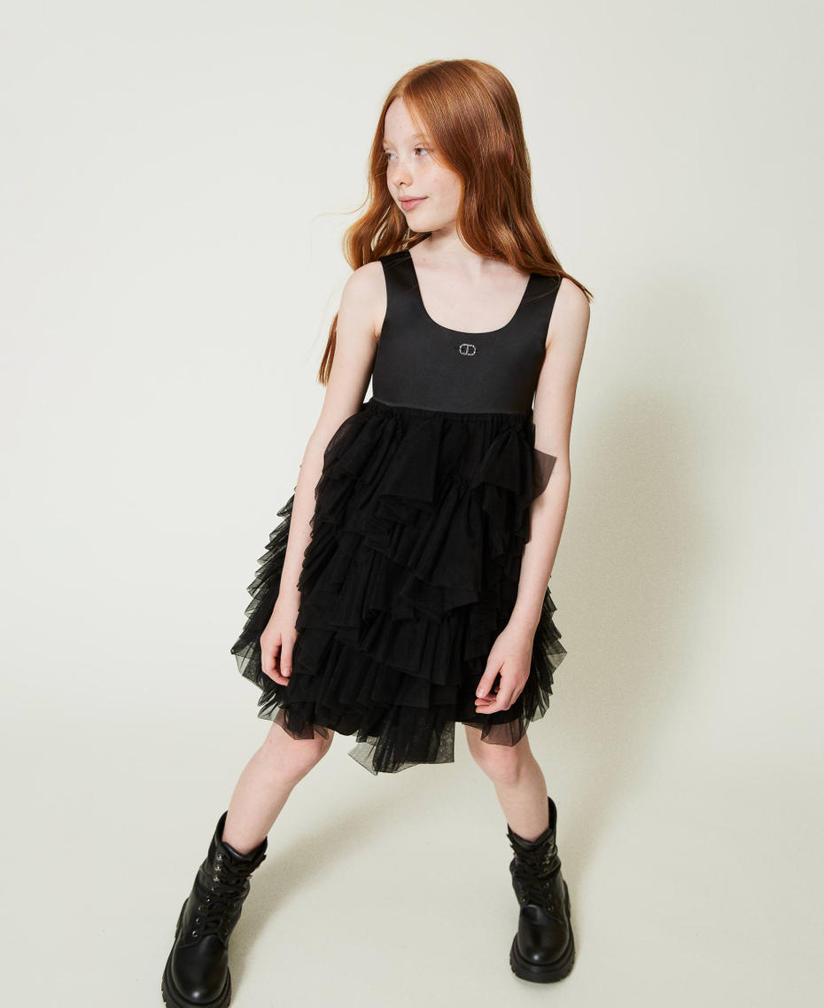 Short dress with tulle ruffles Black Girl 242GJ2061_00006_01