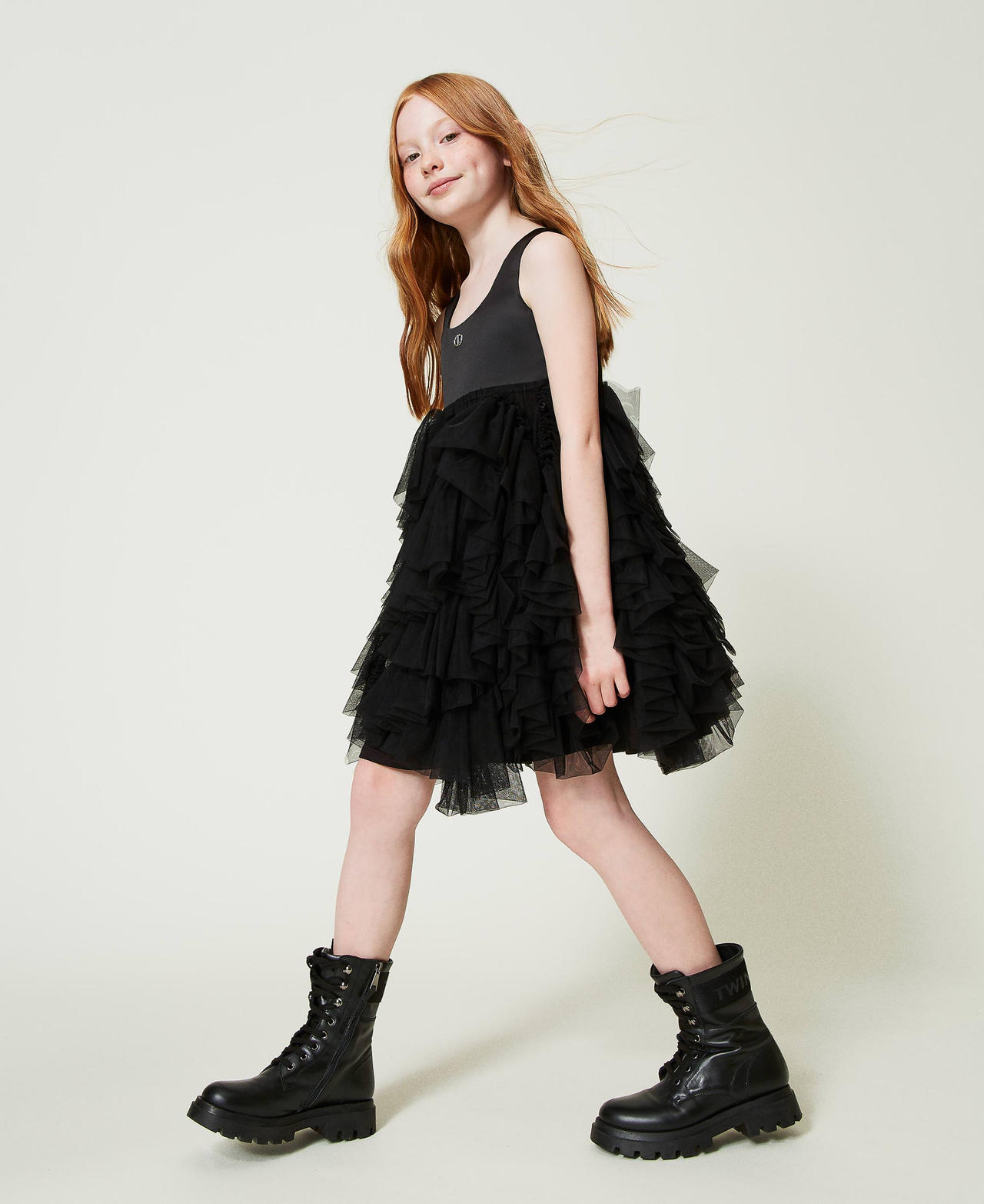 Short dress with tulle ruffles Black Girl 242GJ2061_00006_02