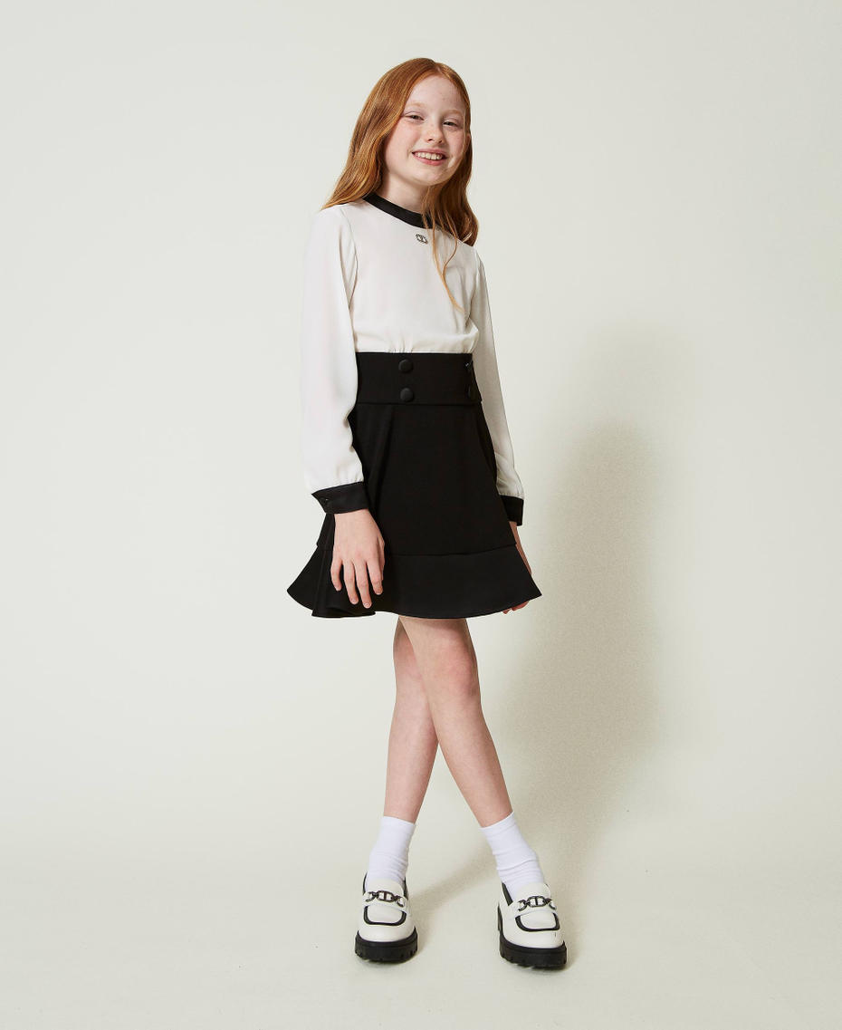 Flannel and crêpe de Chine short dress Bicolour Off White / Black Girl 242GJ2113_02722_01