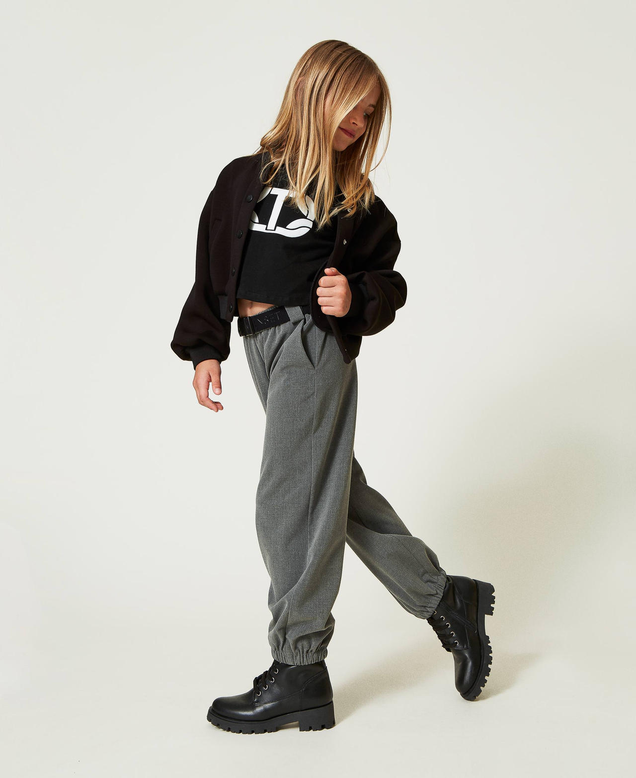 Flannel joggers with belt Mid Melange Grey Girl 242GJ2116_11730_02