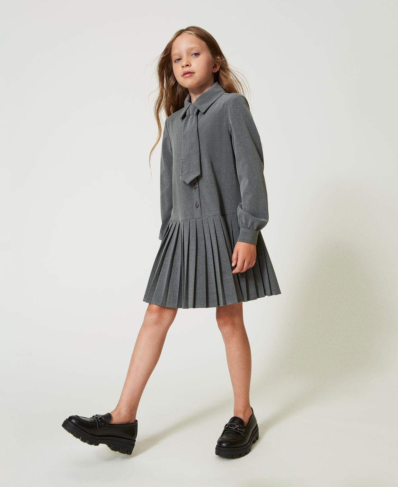 Short flannel dress with tie Mid Melange Grey Girl 242GJ2131_11730_02