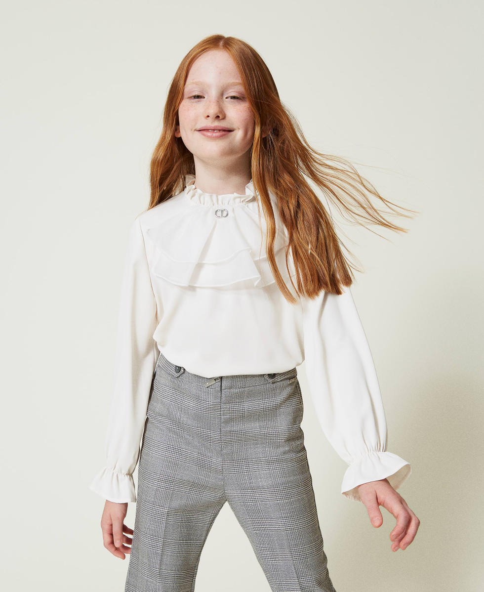 Blusa in cr&ecirc;pe de Chine con jabot Off White Bambina 242GJ2132_00526_01