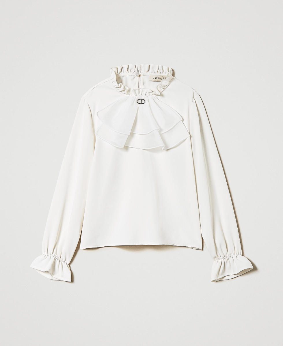 Blusa in cr&ecirc;pe de Chine con jabot Off White Bambina 242GJ2132_00526_S0