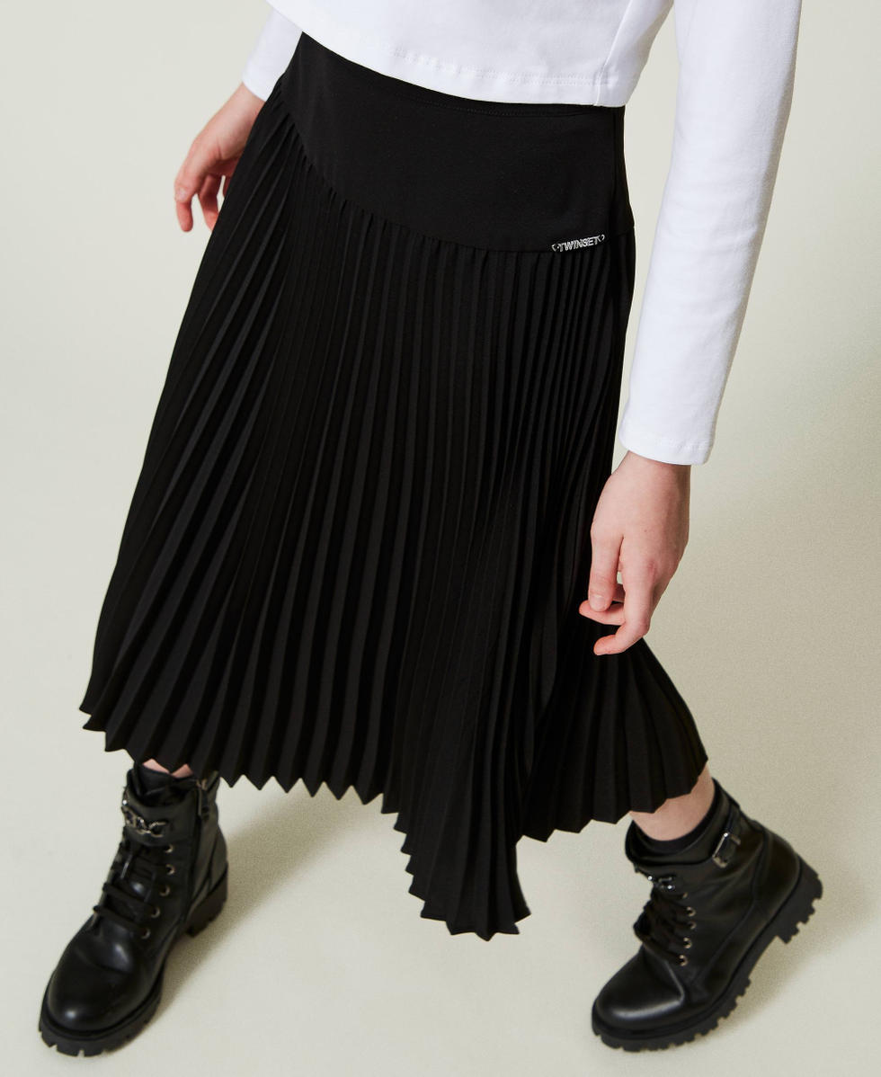 Jupe longue en crepe de Chine plisse Fille Noir TWINSET Milano