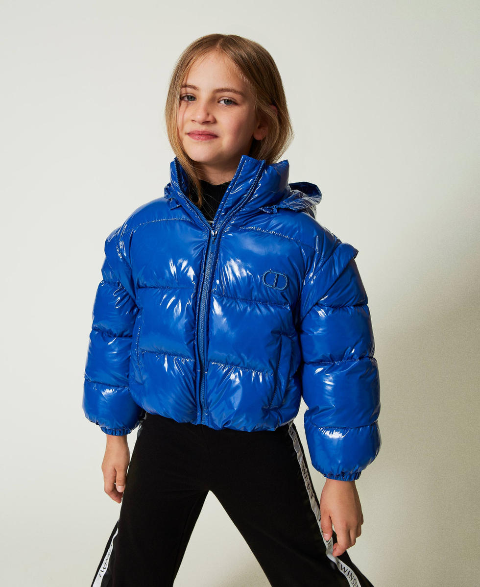 Shiny puffer jacket with embroidered logo Girl Blue TWINSET Milano